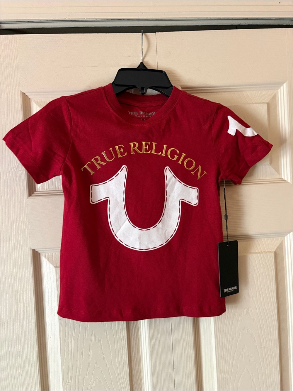 True Religion Kids Red Tee with White U Logo and Gold Text